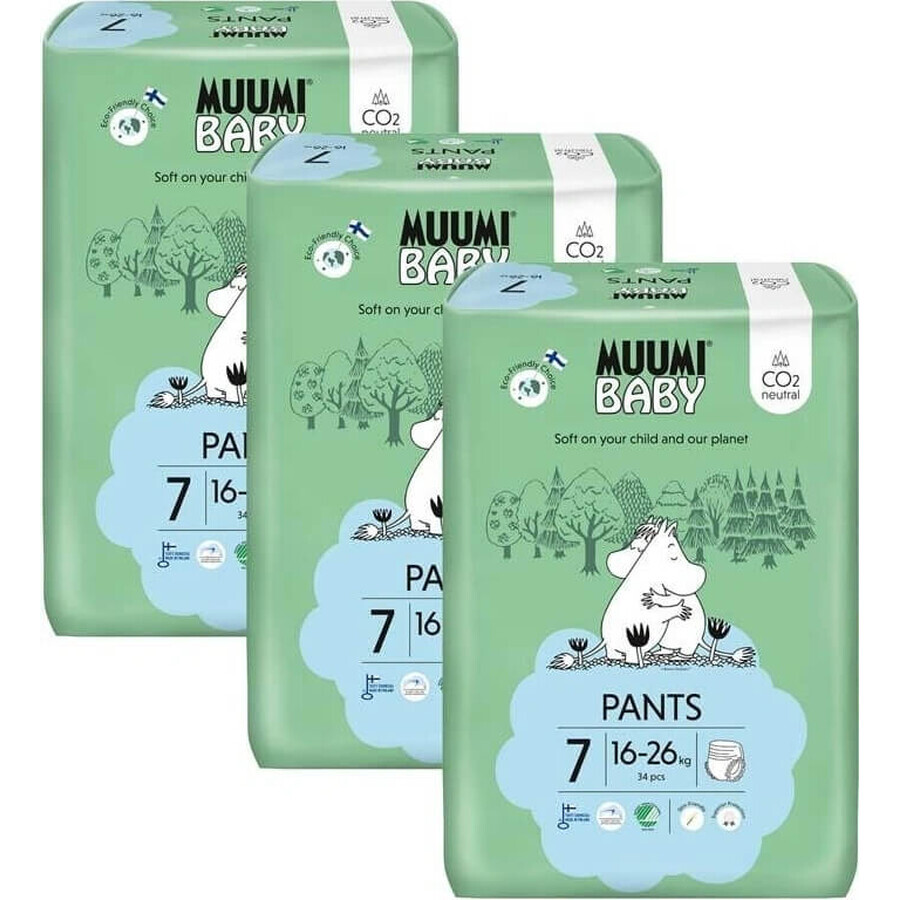 Muumi Baby Pants 7 XL 16-26 kg, 1×102pz confezione mensile di pannolini biologici, pannolini biologici