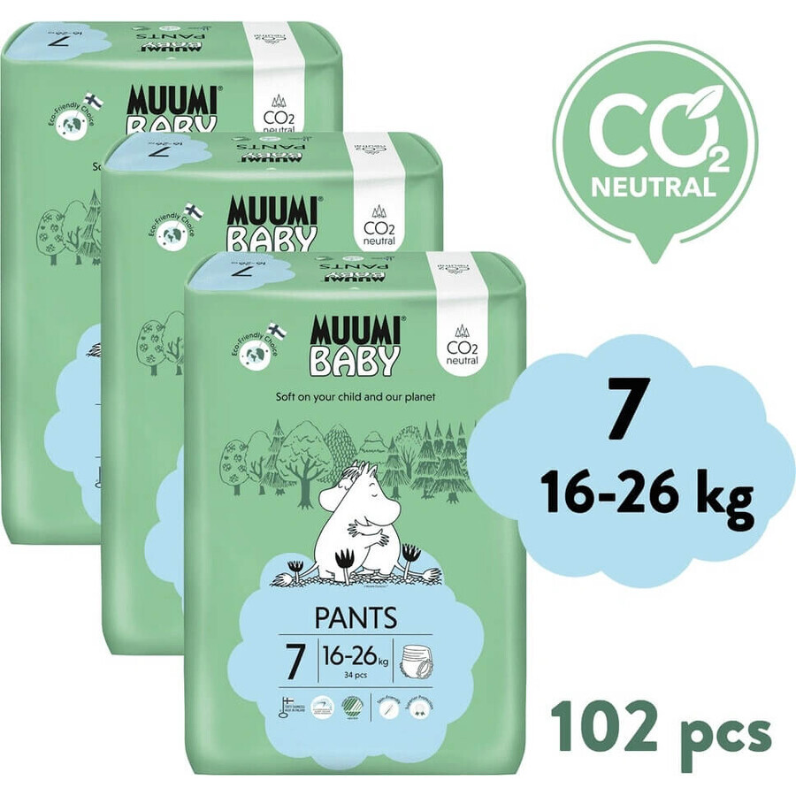 Muumi Baby Pants 7 XL 16-26 kg, 1×102pz confezione mensile di pannolini biologici, pannolini biologici