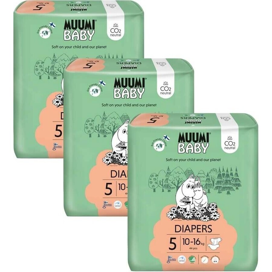 Muumi Baby 5 Maxi+ 10-16 kg, 1×132pcs paquete mensual de pañales ecológicos, Pañales ECO