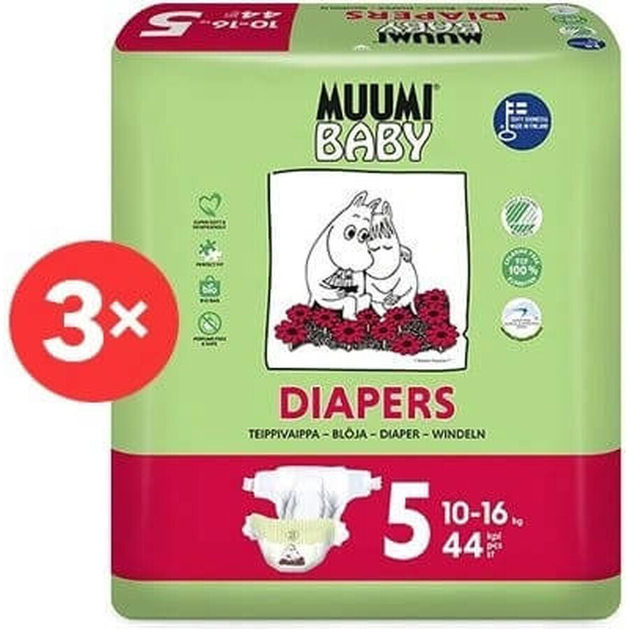 Muumi Baby 5 Maxi+ 10-16 kg, 1×132pcs paquete mensual de pañales ecológicos, Pañales ECO