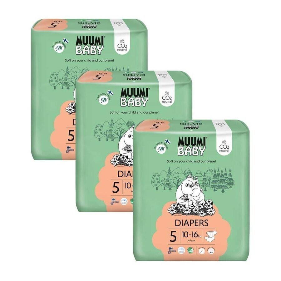 Muumi Baby 5 Maxi+ 10-16 kg, 1×132pcs paquete mensual de pañales ecológicos, Pañales ECO