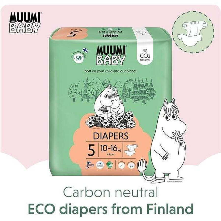 Muumi Baby 5 Maxi+ 10-16 kg, 1×132pcs paquete mensual de pañales ecológicos, Pañales ECO