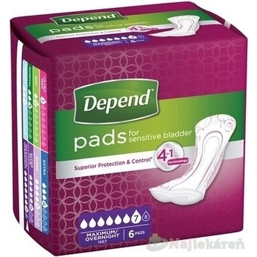 Compresas DEPEND MAXIMUM para incontinencia femenina, 12,5x34 cm, absorción 953 ml, 1x6 unidades