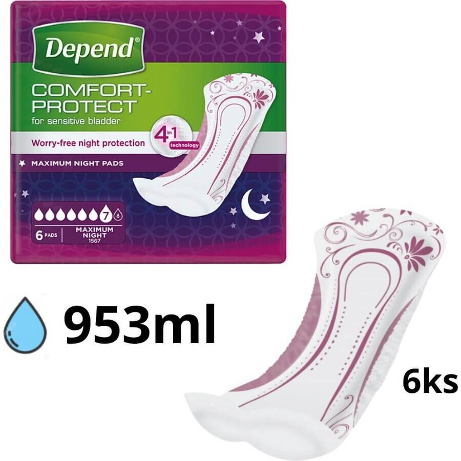 Compresas DEPEND MAXIMUM para incontinencia femenina, 12,5x34 cm, absorción 953 ml, 1x6 unidades