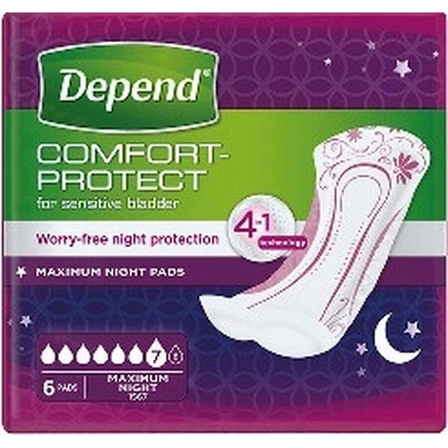 Compresas DEPEND MAXIMUM para incontinencia femenina, 12,5x34 cm, absorción 953 ml, 1x6 unidades