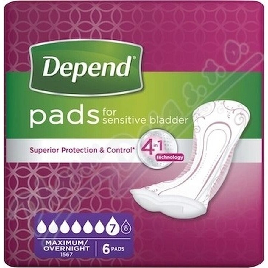 Compresas DEPEND MAXIMUM para incontinencia femenina, 12,5x34 cm, absorción 953 ml, 1x6 unidades