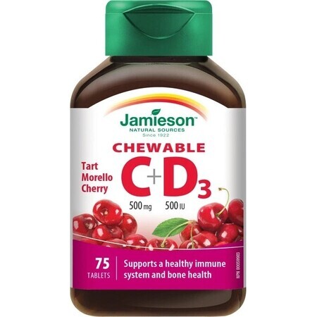 JAMIESON VITAMINS C en D3 kersen 500 mg/ 500 IU 1×75 tbl, VITAMINS C en D3, kersen