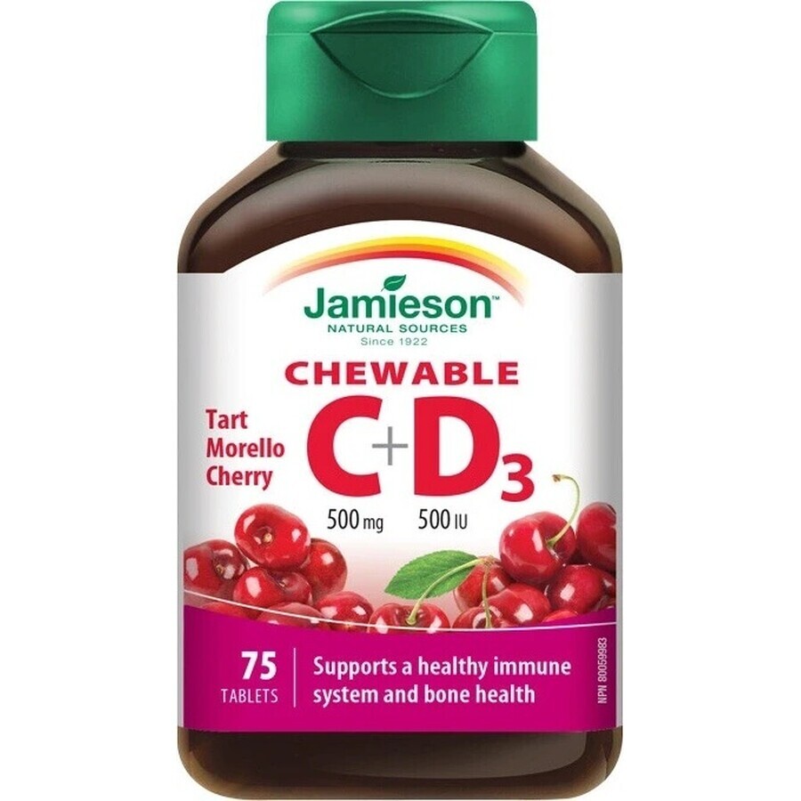 JAMIESON VITAMINS C en D3 kersen 500 mg/ 500 IU 1×75 tbl, VITAMINS C en D3, kersen