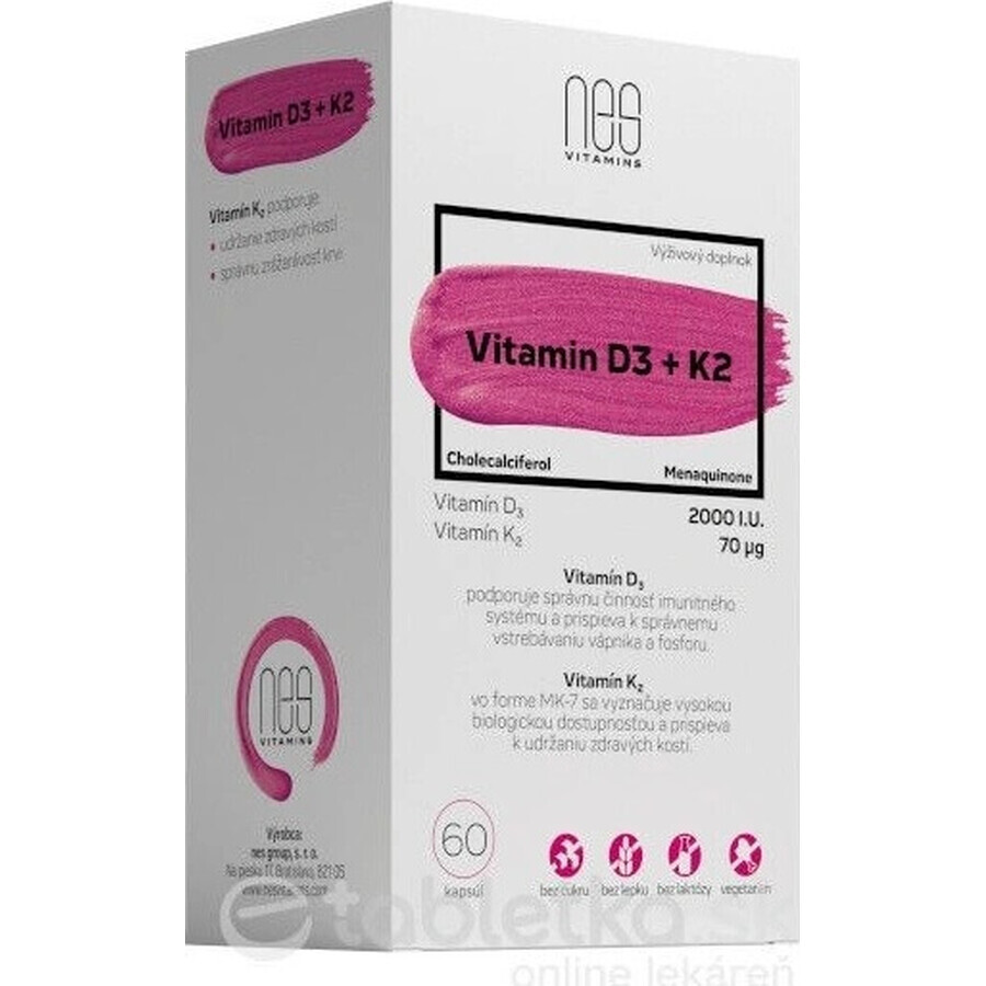 nesVITAMINS Vitamina D3 2000 U.I. + K2 70 μg 1×60 cps, complemento alimenticio