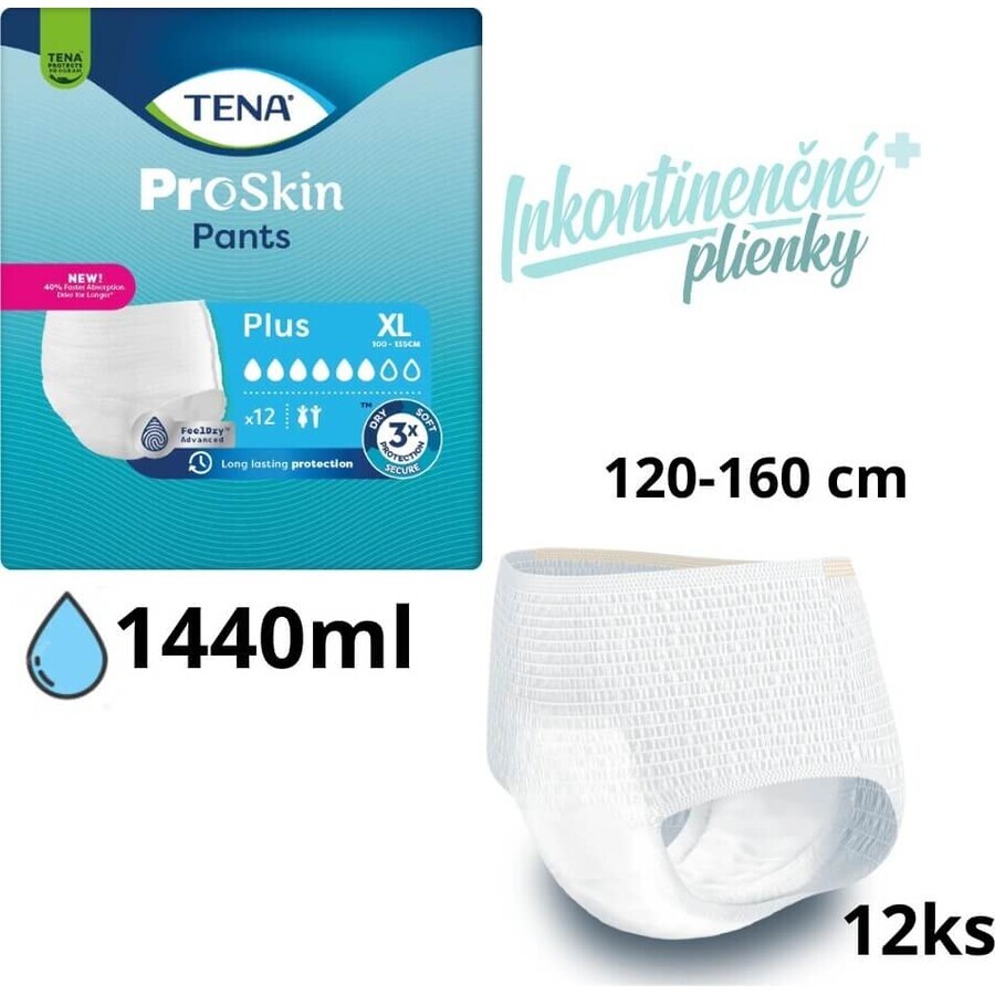 TENA PANTS PLUS EXTRA LARGE 1×12 stuks, absorberende elastische onderbroek, absorptie 1440 ml, heupomvang 120-160 cm