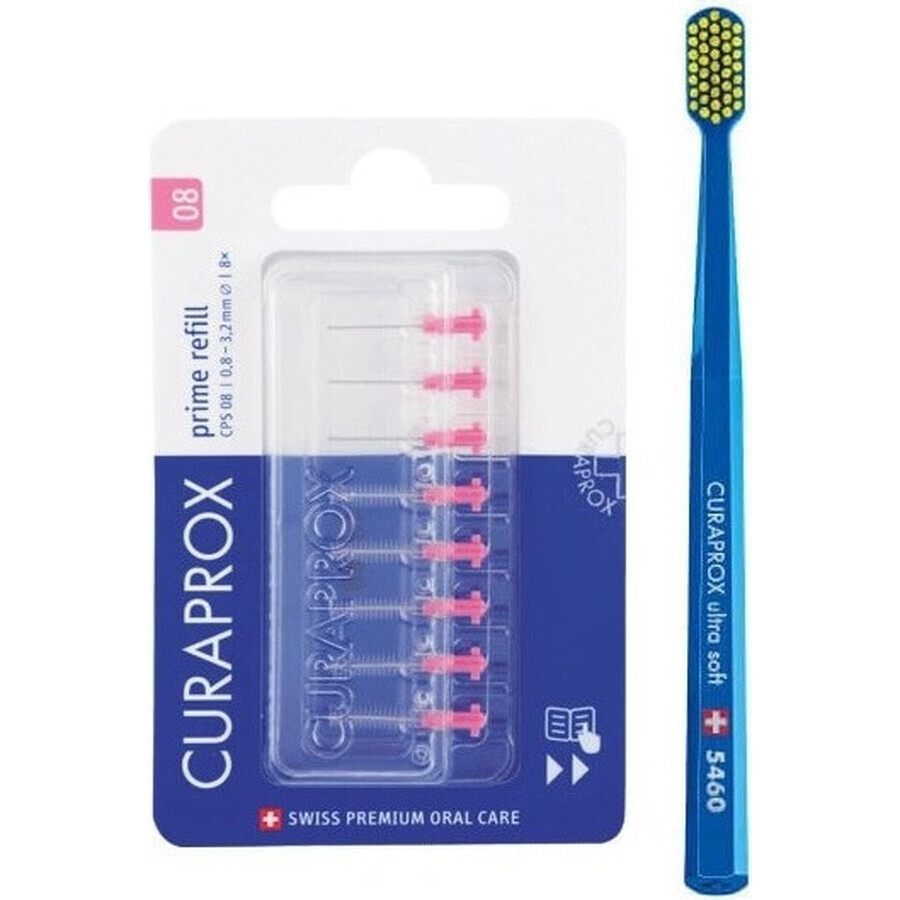 CURAPROX CPS 08 prime refill pink + CS 5460 1×1 set, brosses interdentaires sans support 8 pcs + brosse à dents 1 pcs