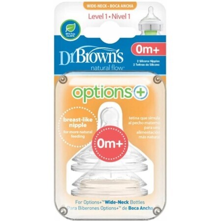 Dr.BROWN'S OPTIONS+ NIVEL 1 1×2 piezas, cuello ancho, silicona, 0M+