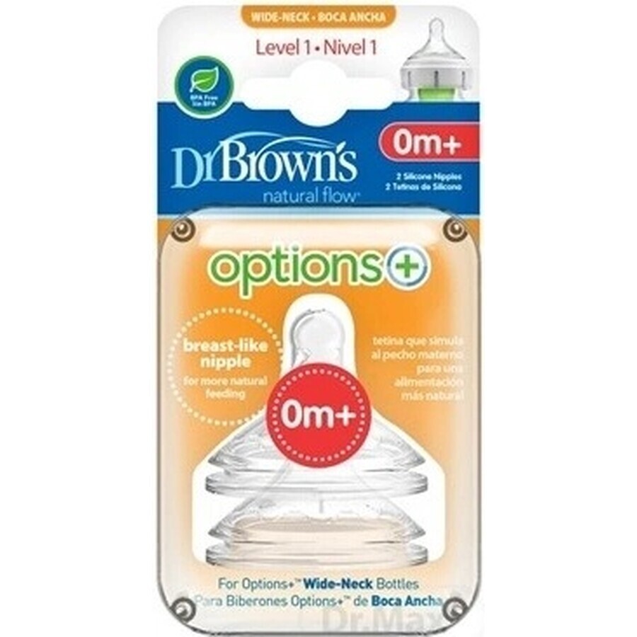 Dr.BROWN'S OPTIONS+ NIVEL 1 1×2 piezas, cuello ancho, silicona, 0M+