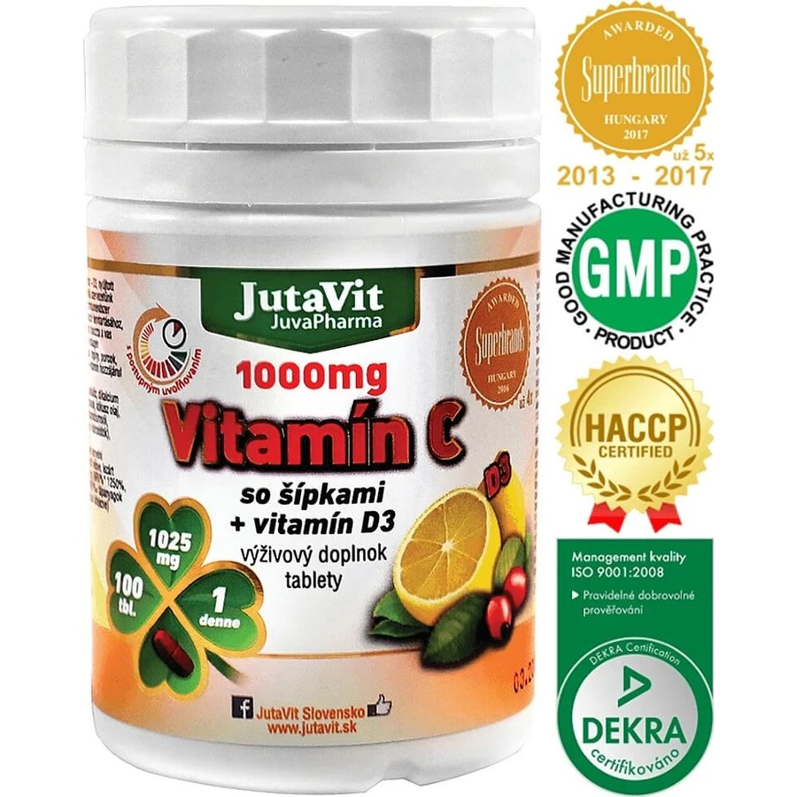 JutaVit Vitamine C 1000 mg avec cynorrhodon + vitamine D3 1×100 tbl, Vitamine C 1000 mg avec cynorrhodon + vitamine D3