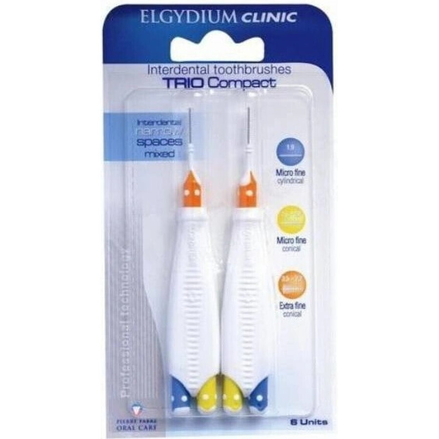 ELGYDIUM CLINIC Trio COMPACT - TRIO 2 perii interdentare în suport (2x albastru 1,9 mm+2x galben 2,5-2,2 mm+2x portocaliu 3,5-2,7 mm) 6 buc, 1x1 set