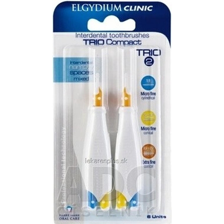 ELGYDIUM CLINIC Trio COMPACT - TRIO 2 perii interdentare în suport (2x albastru 1,9 mm+2x galben 2,5-2,2 mm+2x portocaliu 3,5-2,7 mm) 6 buc, 1x1 set