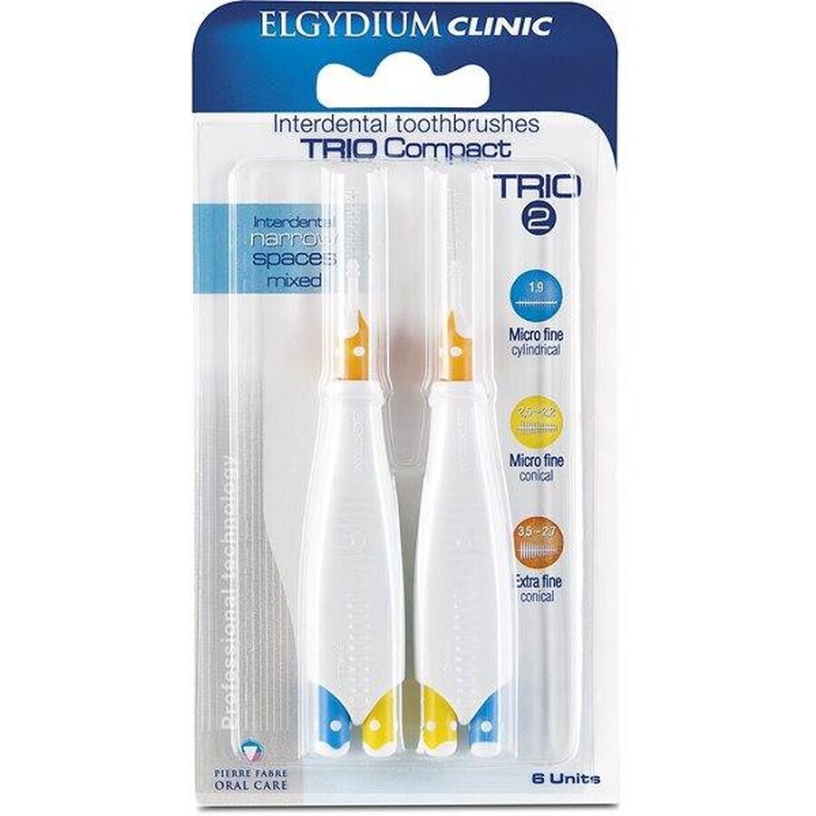 ELGYDIUM CLINIC Trio COMPACT - TRIO 2 perii interdentare în suport (2x albastru 1,9 mm+2x galben 2,5-2,2 mm+2x portocaliu 3,5-2,7 mm) 6 buc, 1x1 set