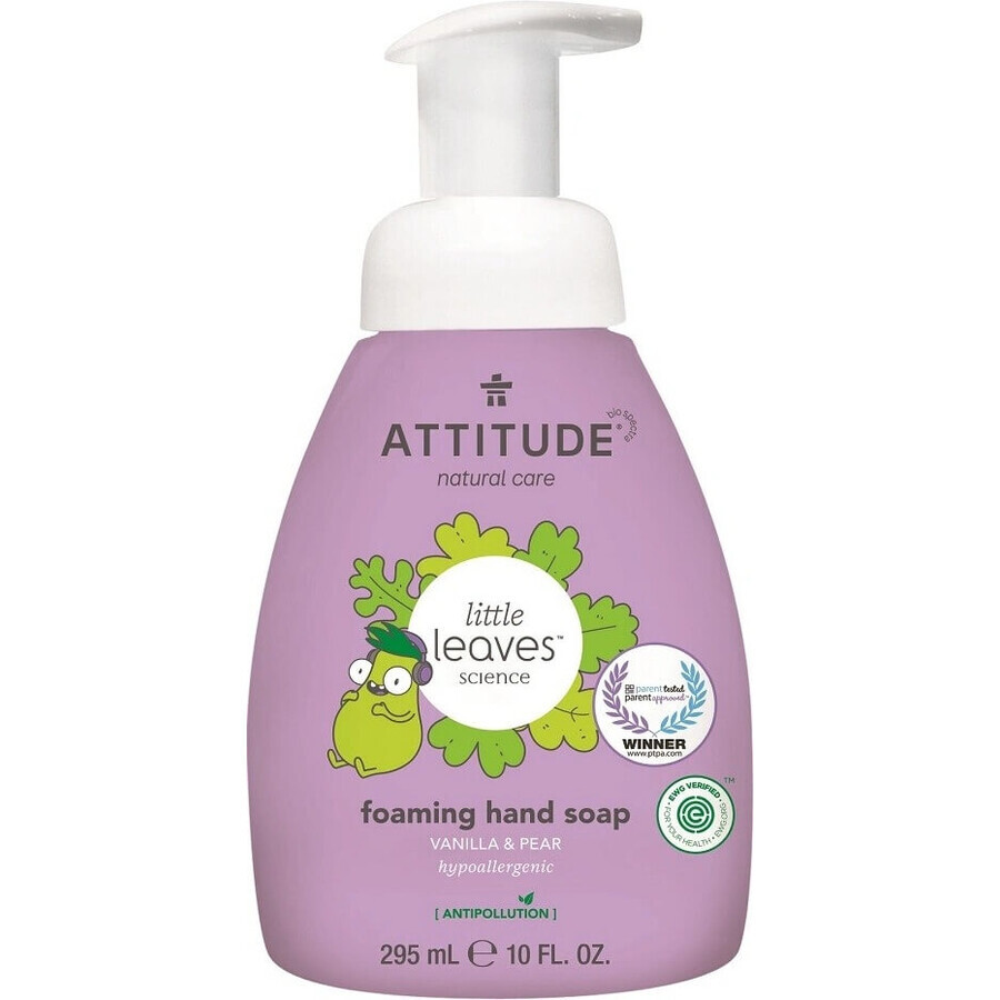 ATTITUDE Savon à main moussant pour enfants Petites feuilles à l'arôme de melon et de noix de coco 1×295 ml, savon à main pour enfants