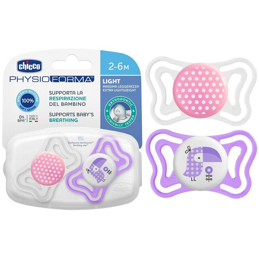 Chicco Beruhigungssauger Physio Light Silikon Schnuller 6-16m+, Pink 2pcs 1×2 Stück, Beruhigungssauger (6-16m.+)