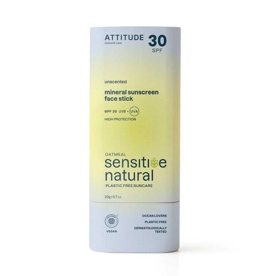 ATTITUDE Stick protector 100% mineral pentru față și buze ATTITUDE SPF 30 pentru piele sensibilă și atopică 1×20 g, stick pentru față și buze