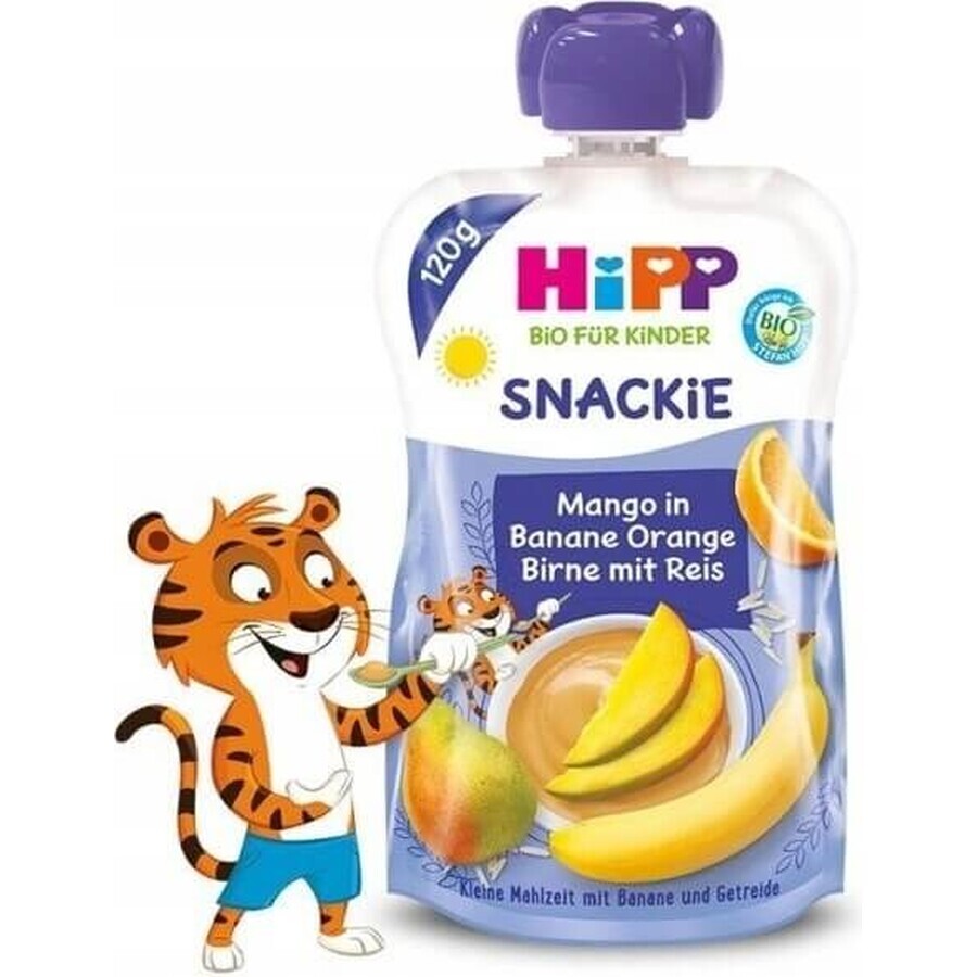 HiPP BIO KINDER Banana Arancia Pera Mango Pera Riso 1×120 g, frutta e cereali, 12m+