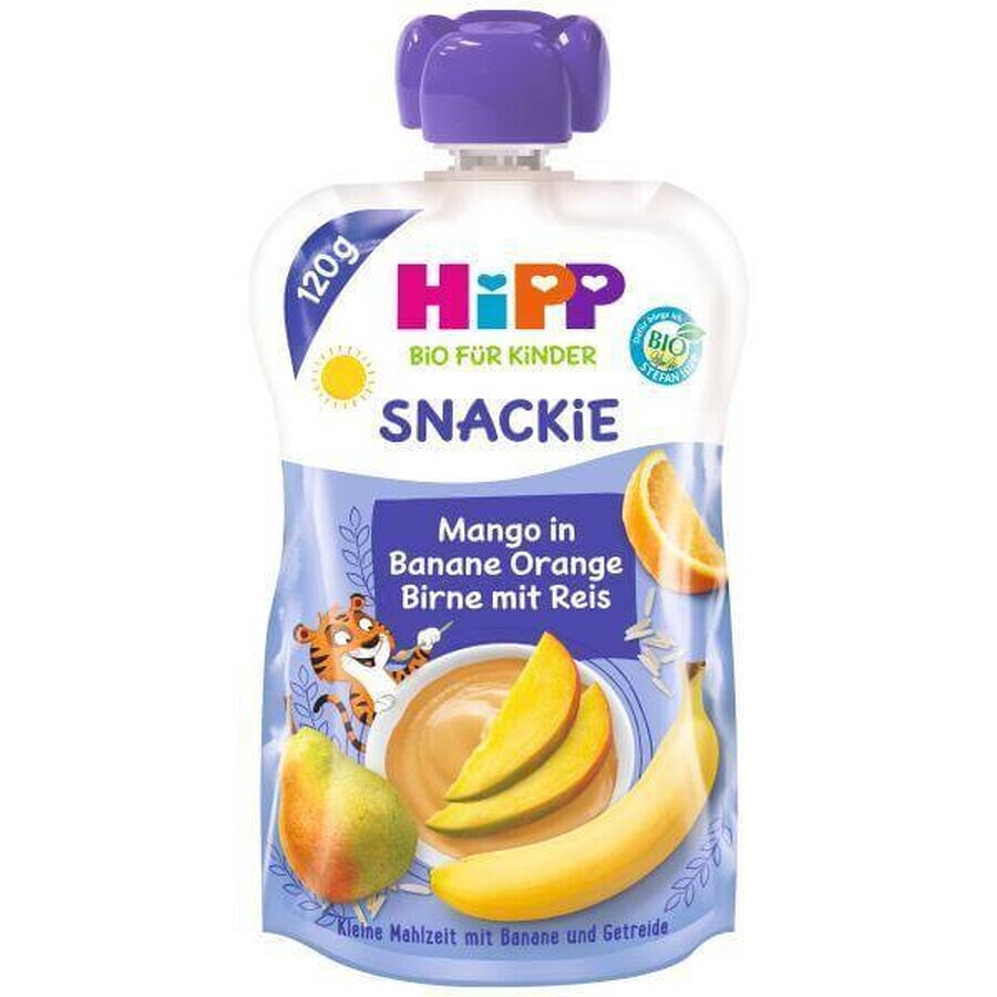 HiPP BIO KINDER Banana Arancia Pera Mango Pera Riso 1×120 g, frutta e cereali, 12m+