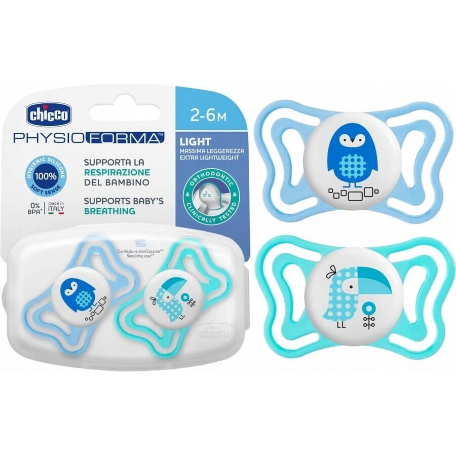 Chicco Fopspeen Fysio Light Silicone Fopspeen 6-16m+, Blauw 2st 1×2st, Kalmerende Fopspeen (6-16m.+)