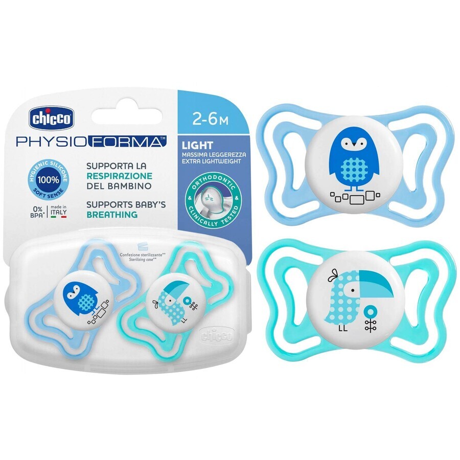 Chicco Fopspeen Fysio Light Silicone Fopspeen 6-16m+, Blauw 2st 1×2st, Kalmerende Fopspeen (6-16m.+)