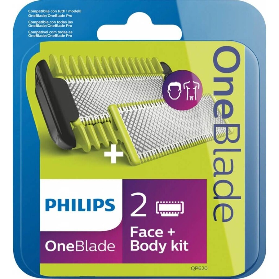 Philips OneBlade QP624/50 360 Ersatzklingen für Gesicht und Körper + Körperkamm und Intimaufsatz 1×1 Stück, Ersatzklingen