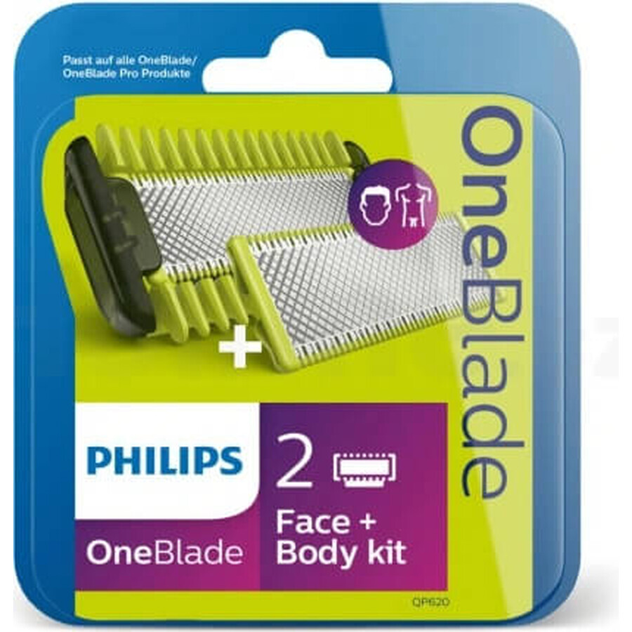 Philips OneBlade QP624/50 360 Ersatzklingen für Gesicht und Körper + Körperkamm und Intimaufsatz 1×1 Stück, Ersatzklingen