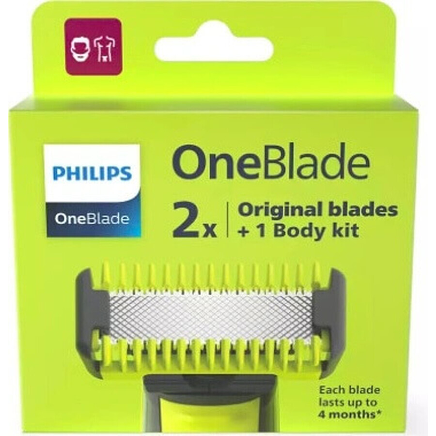 Philips OneBlade QP624/50 360 Ersatzklingen für Gesicht und Körper + Körperkamm und Intimaufsatz 1×1 Stück, Ersatzklingen