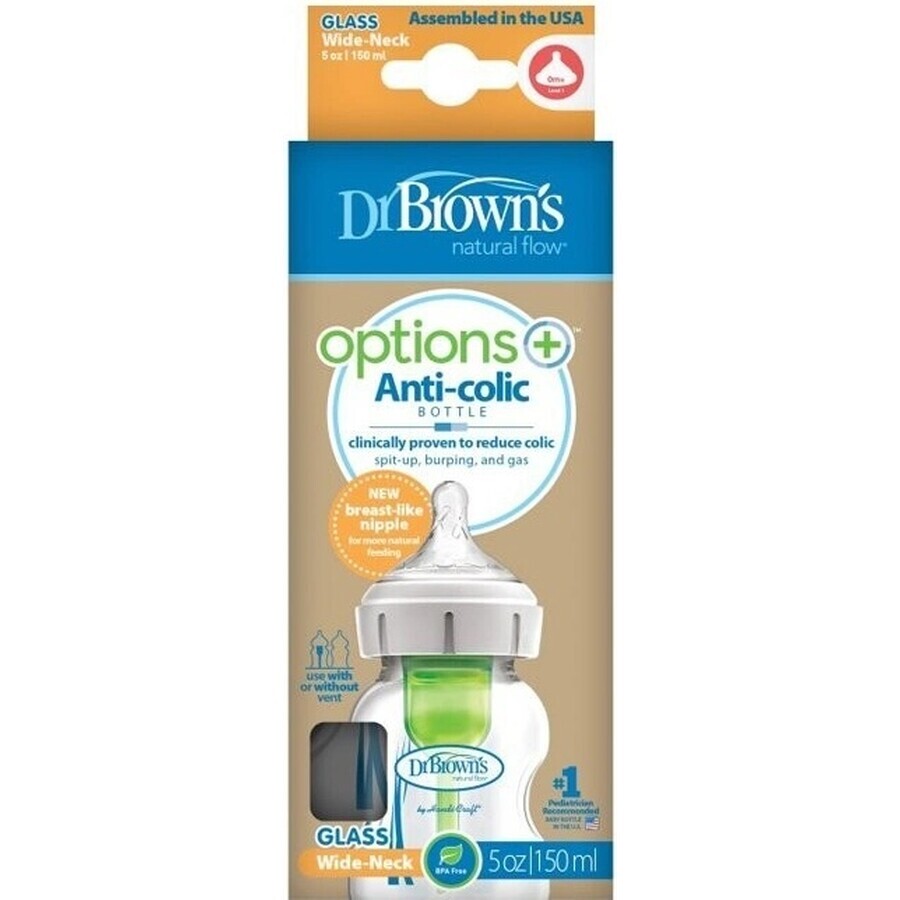 Dr.BROWN'S BABY BOTTLE OPTIONS+ 150 ml 1×1 unidad, con cuello ancho, 0M+, anticólico, vidrio, blanco