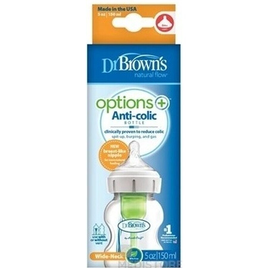 Dr.BROWN'S BABY BOTTLE OPTIONS+ 150 ml 1×1 unidad, con cuello ancho, 0M+, anticólico, vidrio, blanco