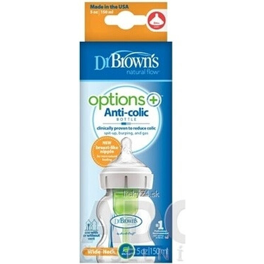 Dr.BROWN'S BABY BOTTLE OPTIONS+ 150 ml 1×1 unidad, con cuello ancho, 0M+, anticólico, vidrio, blanco