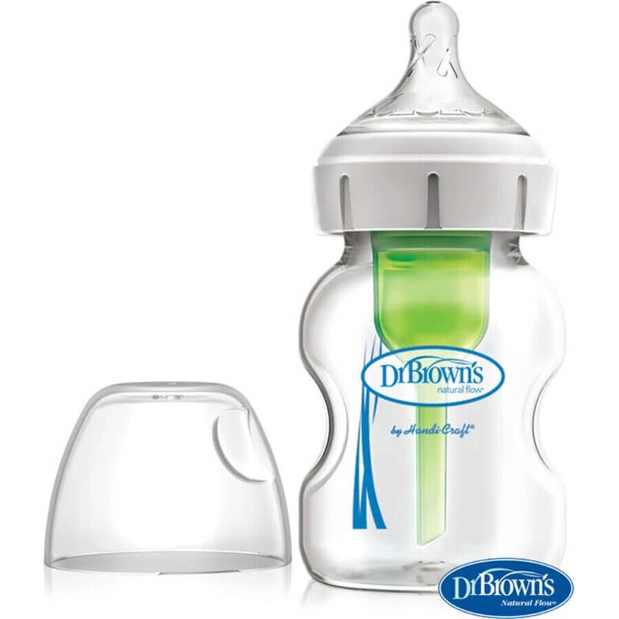 Dr.BROWN'S BABY BOTTLE OPTIONS+ 150 ml 1×1 unidad, con cuello ancho, 0M+, anticólico, vidrio, blanco