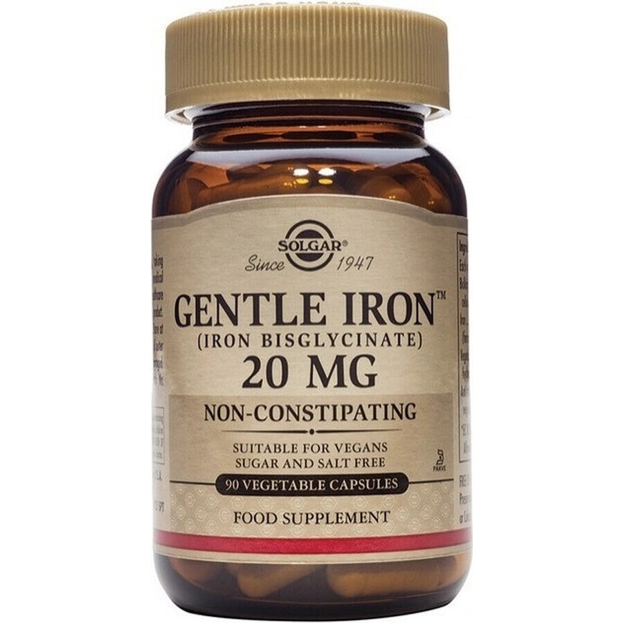 Solgar Gentle Iron 20 mg Iron (ferrous bisglycinate) Gentle for Stomach 90 capsules 1×90 cps, dietary supplement