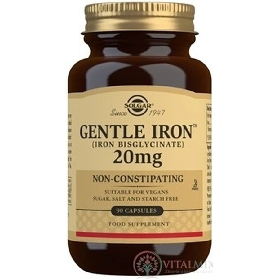 Solgar Gentle Iron 20 mg Iron (ferrous bisglycinate) Gentle for Stomach 90 capsules 1×90 cps, dietary supplement