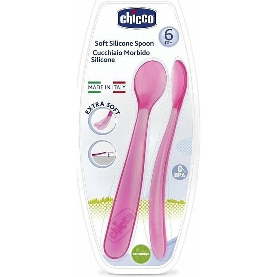 CHICCO Cuillère en silicone 2 pcs rose 6m+ 1×1 pcs, 2 pcs rose 6m+ 1×1 pcs, douce pour les gencives de bébé