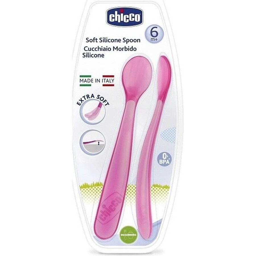 CHICCO Cuillère en silicone 2 pcs rose 6m+ 1×1 pcs, 2 pcs rose 6m+ 1×1 pcs, douce pour les gencives de bébé