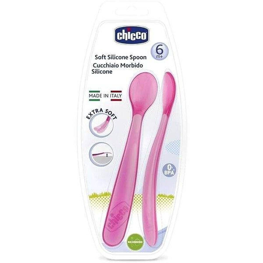 CHICCO Cuillère en silicone 2 pcs rose 6m+ 1×1 pcs, 2 pcs rose 6m+ 1×1 pcs, douce pour les gencives de bébé