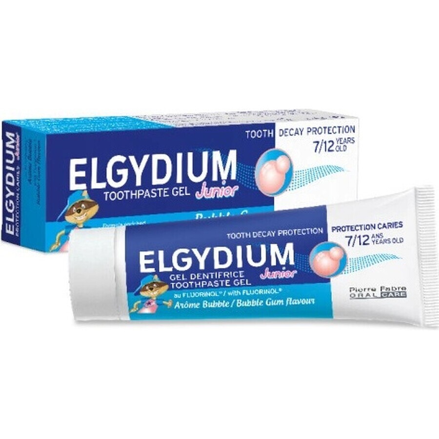 ELGYDIUM JUNIOR fluorinol gel pastă de dinți pentru copii (7-12 ani) cu aromă de gumă de mestecat 1x50 ml