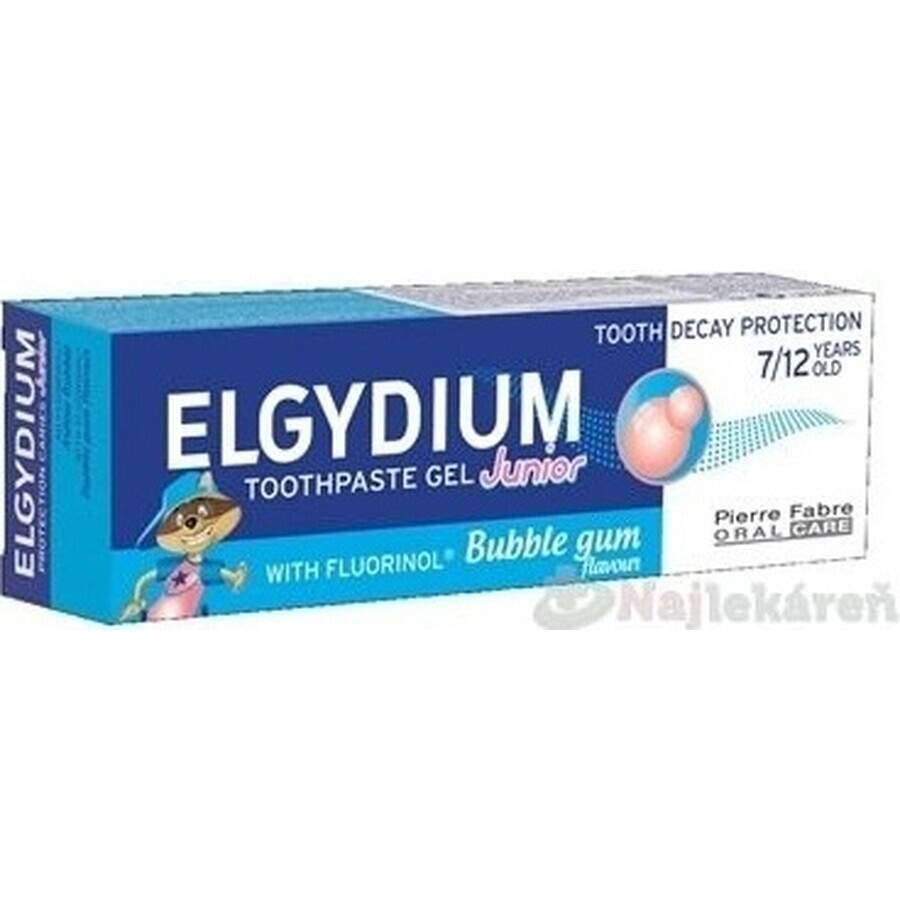 ELGYDIUM JUNIOR fluorinol gel pastă de dinți pentru copii (7-12 ani) cu aromă de gumă de mestecat 1x50 ml