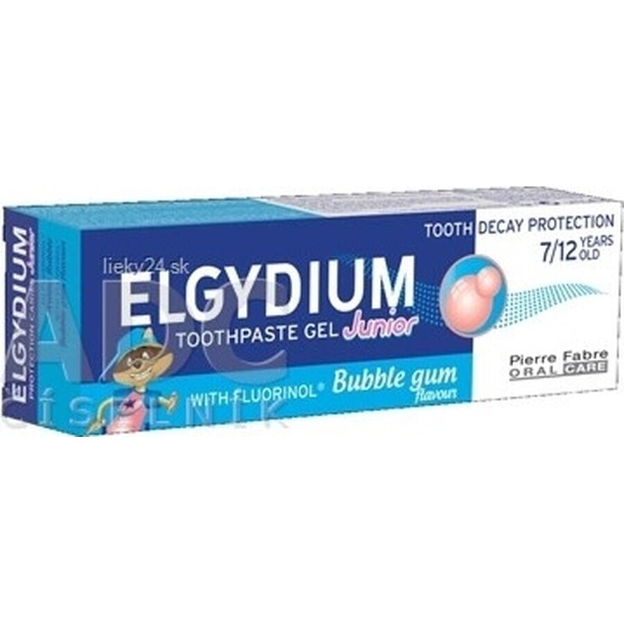 ELGYDIUM JUNIOR fluorinol gel pastă de dinți pentru copii (7-12 ani) cu aromă de gumă de mestecat 1x50 ml