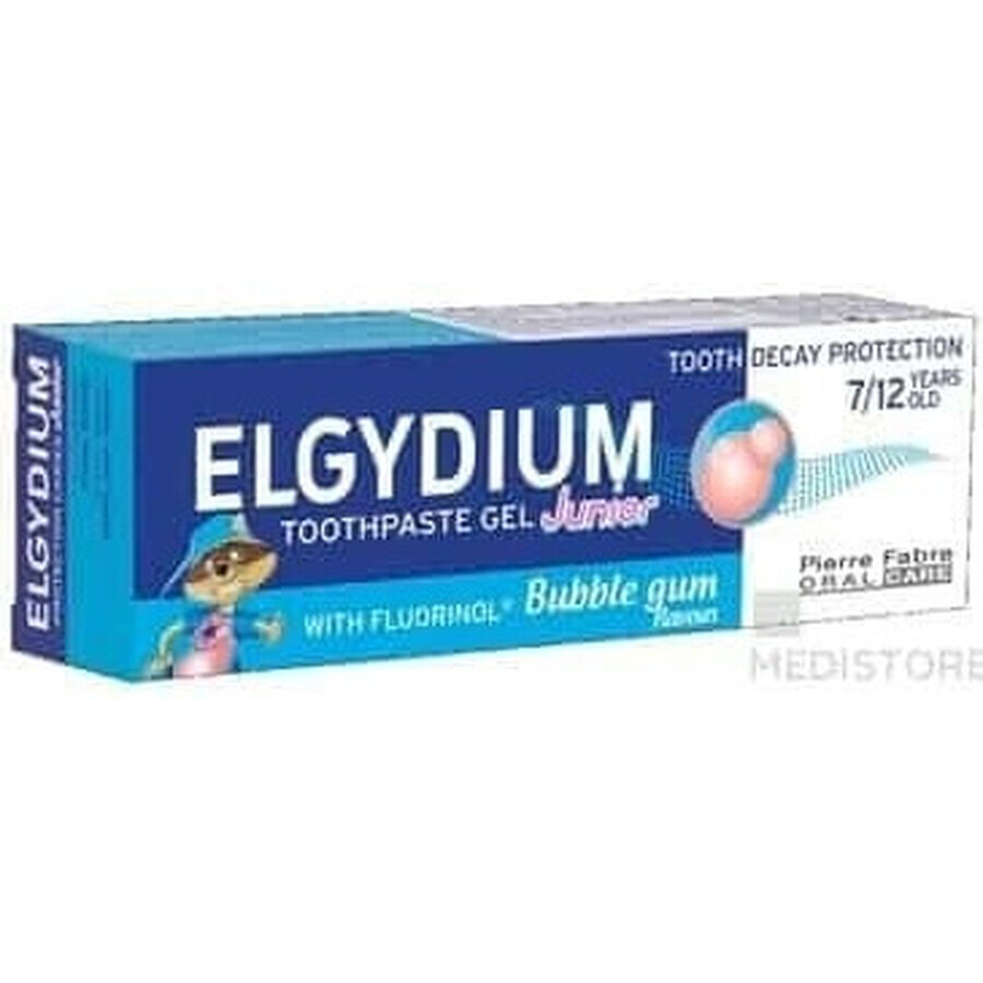 ELGYDIUM JUNIOR fluorinol gel pastă de dinți pentru copii (7-12 ani) cu aromă de gumă de mestecat 1x50 ml