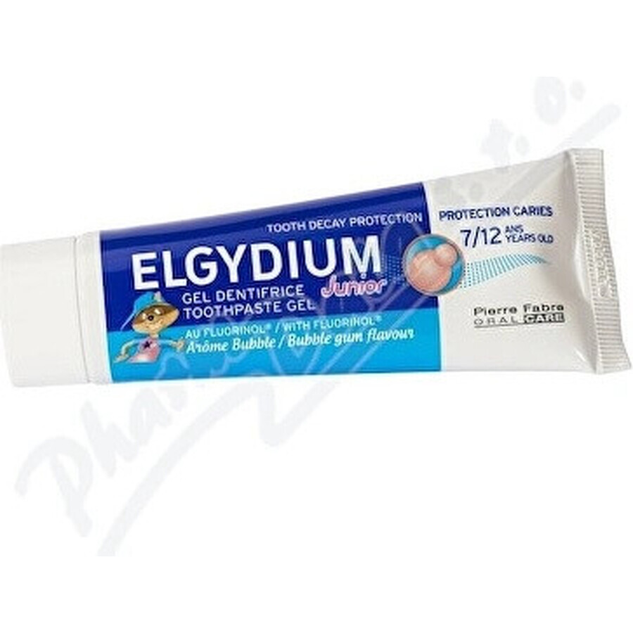 ELGYDIUM JUNIOR fluorinol gel pastă de dinți pentru copii (7-12 ani) cu aromă de gumă de mestecat 1x50 ml