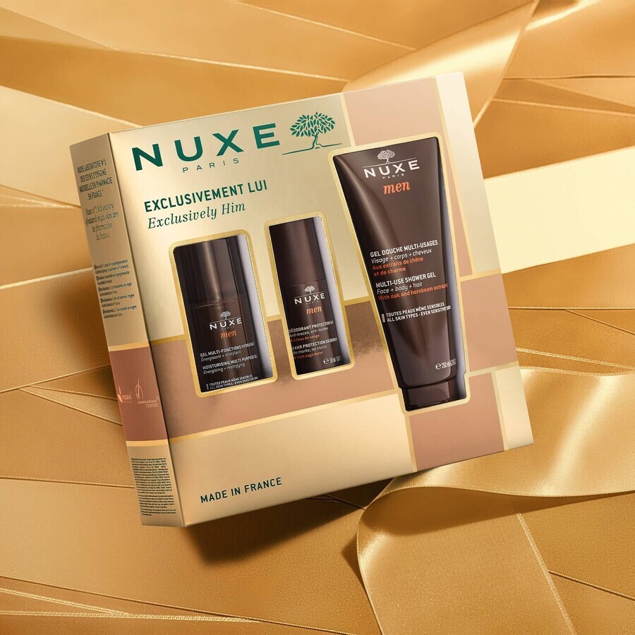 Nuxe Men Set, Feuchtigkeitsgel für das Gesicht 50 ml + Deoroller 50 ml + Duschgel 200 ml