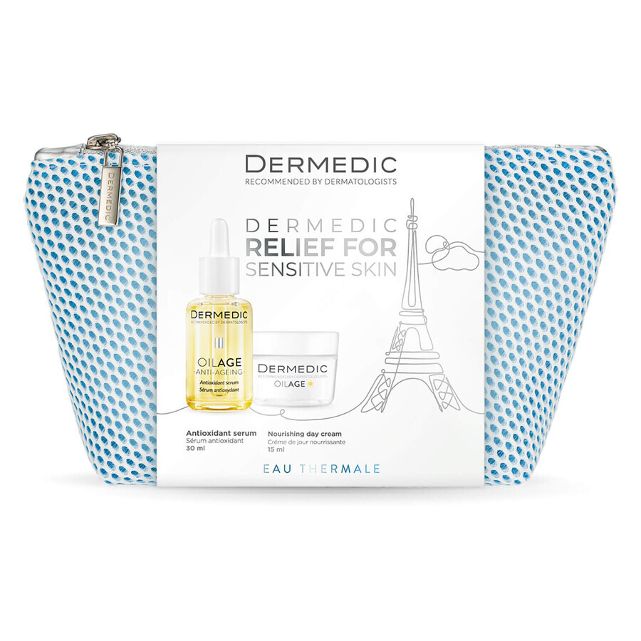 Dermedic Oilage Set, siero antiossidante, pelle sensibile con segni di invecchiamento, 30 ml + crema da giorno nutriente per ripristinare la densità della pelle, 15 ml