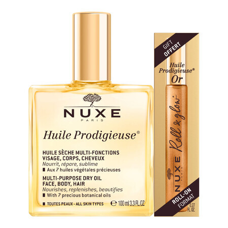 Set Nuxe Huile Prodigieuse, Trockenöl für Körper, Gesicht und Haar, 100 ml + Huile Prodigieuse Or, Roll-on Öl, 8 ml