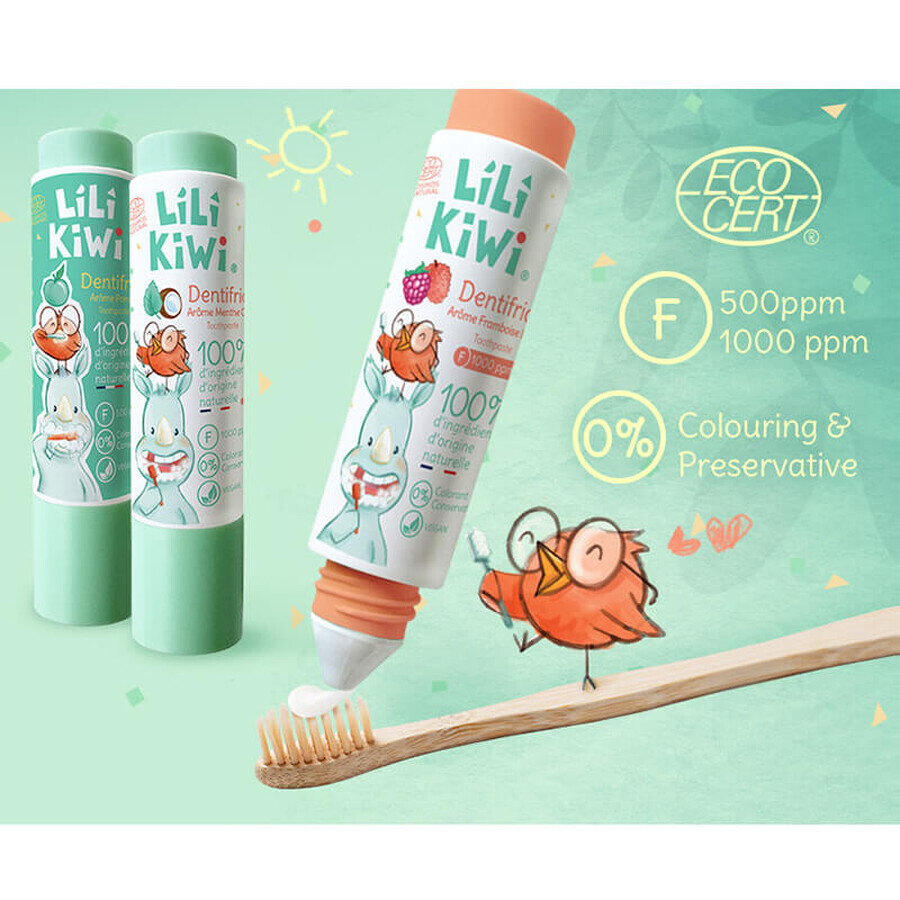 Dentifricio per bambini Lilikiwi con fluoro, lampone e litchi, da 3 anni, 30 ml