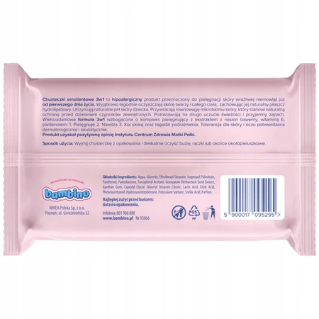 Bambino, emollient wipes 3in1, pack of two, 2 x 57 pieces